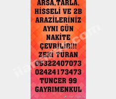 ARSA TARLA HİSSELİ VE 2B ARAZİLERİNİZ AYNI GÜN NAK... ARSA TARLA HİSSELİ VE 2B ARAZİLERİNİZ AYNI GÜN NAK...